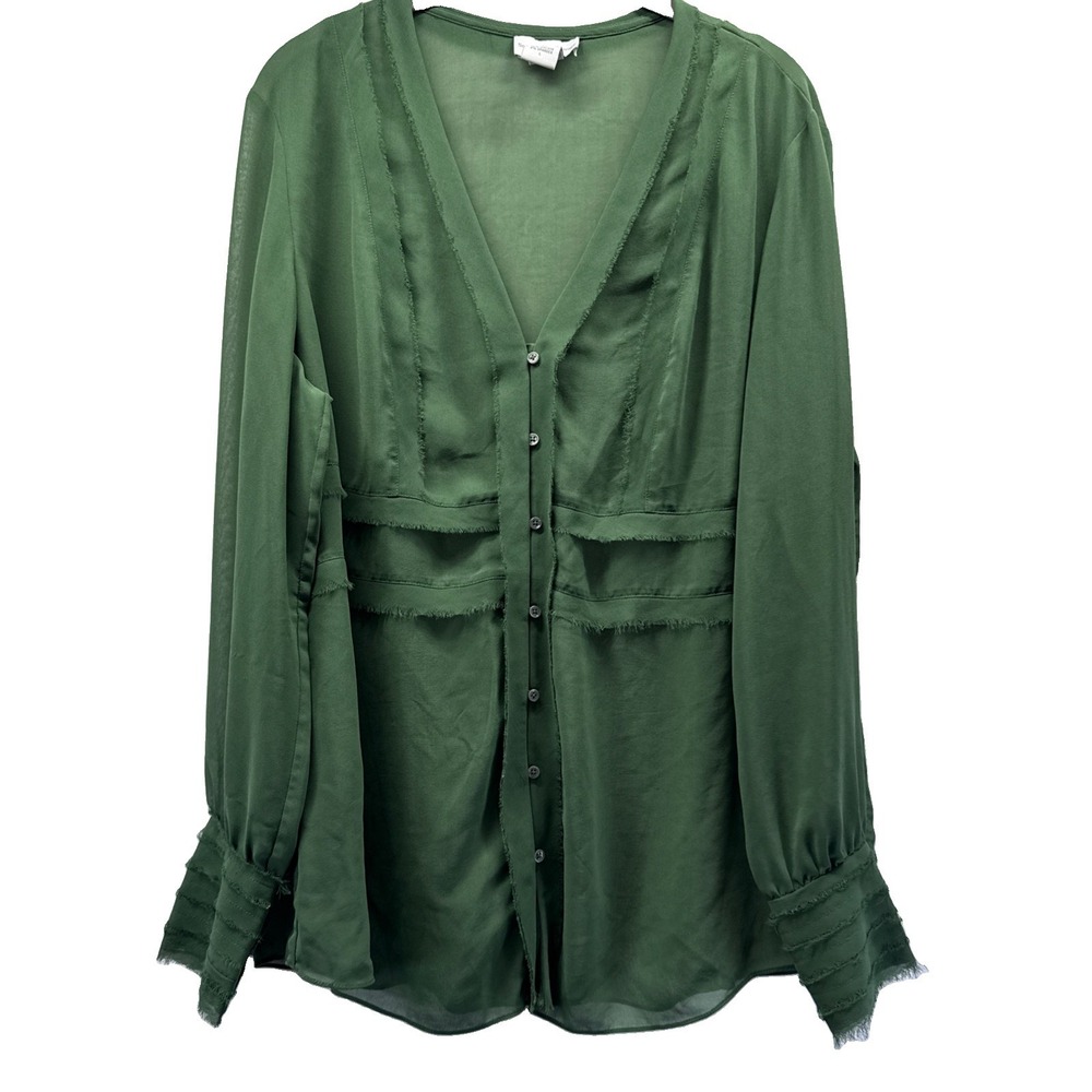 Soft Surroundings Women's To Blouse Sz L Solid Green Sheer Button Up Long Sleeve